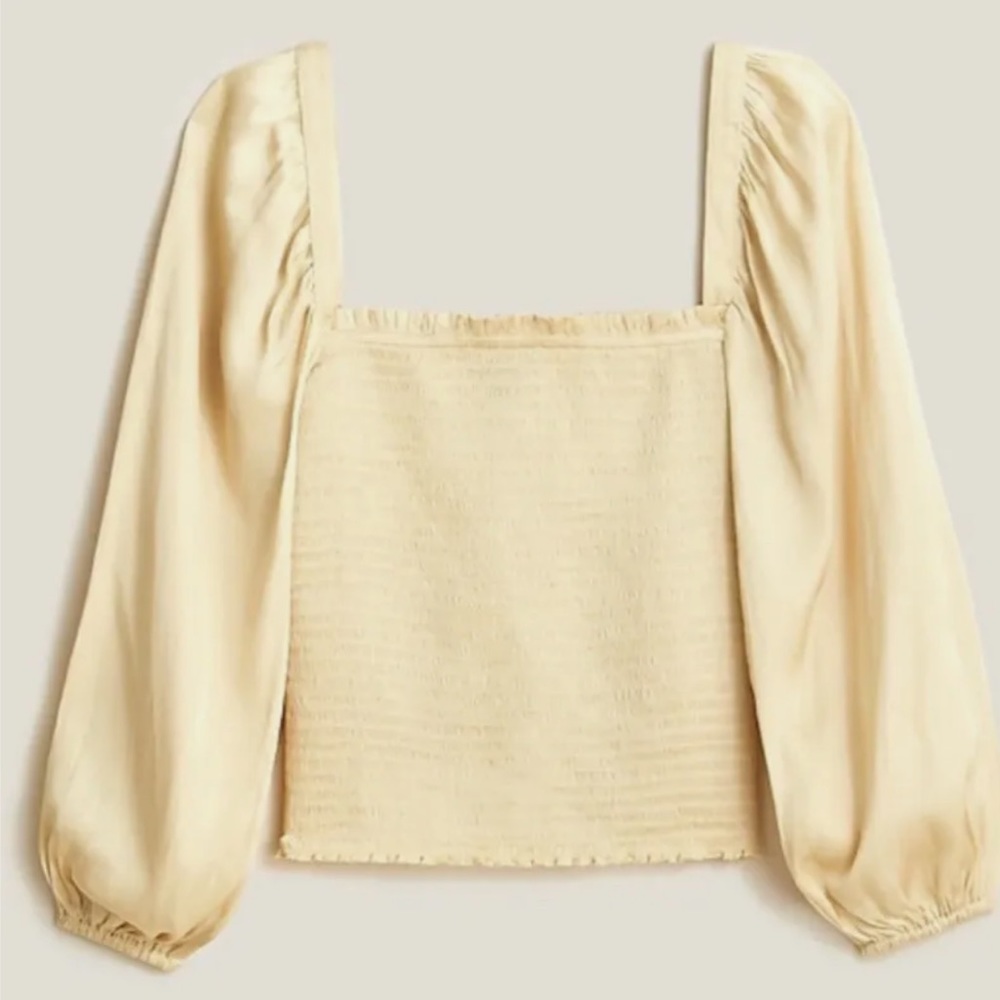 J Crew Smocked Square Neck Featherweight Satin Top Pale Soft Yellow Size S